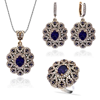 Srebrny komplet z szafirem - kwiat