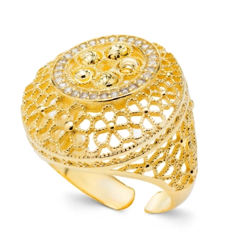 Pozłacany okrągły pierścionek ze srebra 925, ażurowy, regulowany - Złoto Haremu