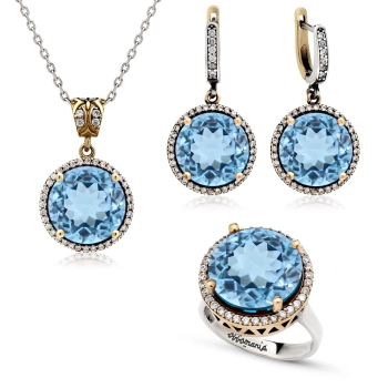 Srebrny okrągły komplet z błękitnym topazem