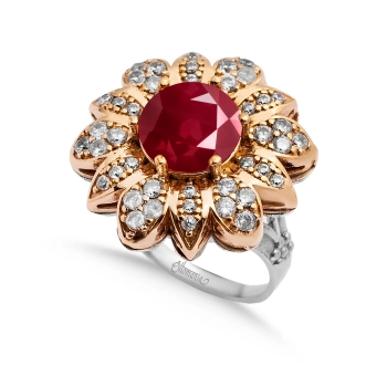 Pierścionek srebrny w kształcie kwiatu z rubinem i cyrkoniami