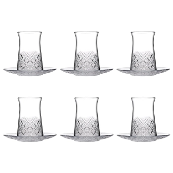 Zdobiony zestaw 6 sztuk szklanek i spodków Pasabahce Timeless 