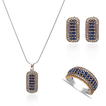 Prostokątny, srebrny komplet bogato zdobiony szafirami i cyrkoniami