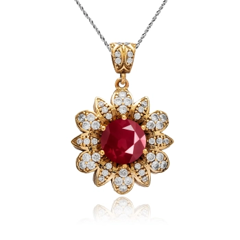 Naszyjnik srebrny w kształcie kwiatu z rubinem i cyrkoniami