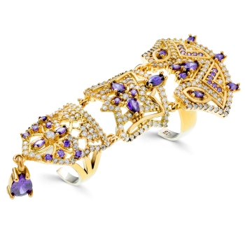 Pierścionek ze srebra 925 na cały palec, regulowany, 3-częściowy, z ametystami