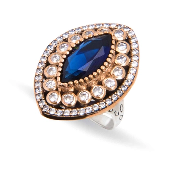 Osmański srebrny pierścień w kształcie łezki z szafirem