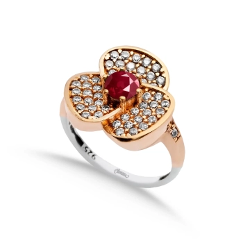 Pierścionek srebrny z rubinem i cyrkoniami