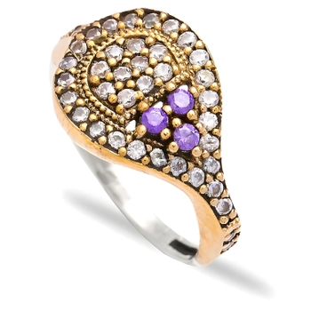 Delikatny srebrny pierścień z ametystem i cyrkoniami