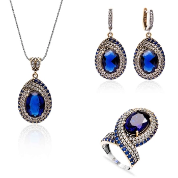 Duży srebrny komplet z szafirami i cyrkoniami