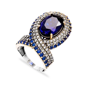 Duży srebrny pierścień z szafirami i cyrkoniami