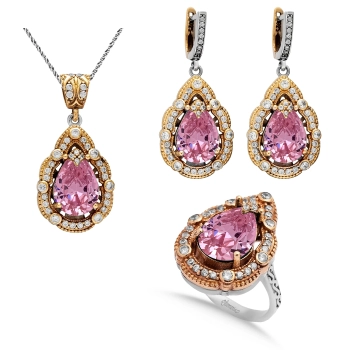 Komplet srebrny z różowym topazem i cyrkoniami