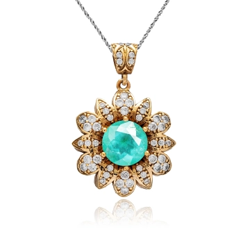 Naszyjnik srebrny w kształcie kwiatu z zielonym turmalinem paraiba i cyrkoniami