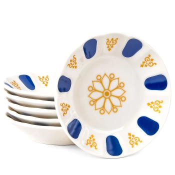 Zestaw 6szt porcelanowych podstawek pod filiżanki 11 cm - biało-niebieskie ze złotym wzorem
