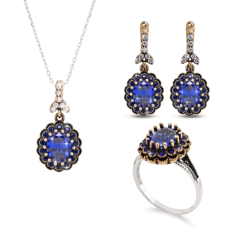 Srebrny komplet z szafirami, zdobiony brązem