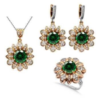 Komplet srebrny w kształcie kwiatów ze szmaragdami i cyrkoniami