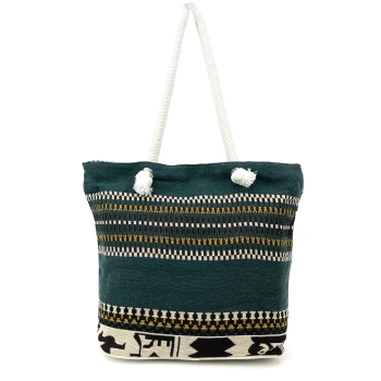 Torba plażowa z tkaniny szenilowej - zielona z etnicznym pasem