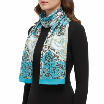 Szal woalowy z Turcji biało-turkusowy z orientalnym wzorem