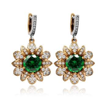 Kolczyki srebrne w kształcie kwiatów ze szmaragdami i cyrkoniami