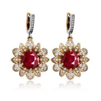 Kolczyki srebrne w kształcie kwiatów z rubinami i cyrkoniami