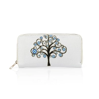 Portfel damski, tkane drzewo szczęścia, biały, duży, na karty