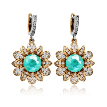 Kolczyki srebrne w kształcie kwiatów z zielonym turmalinem paraiba i cyrkoniami