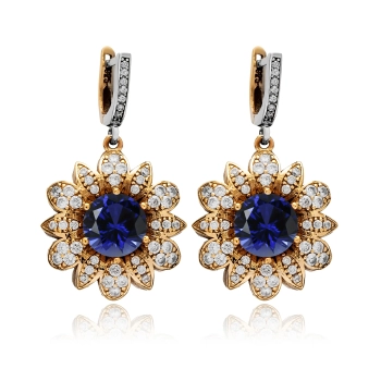 Kolczyki srebrne w kształcie kwiatów z szafirami i cyrkoniami