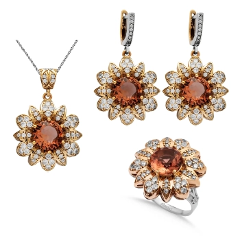 Komplet srebrny w kształcie kwiatów z zultanitem i cyrkoniami