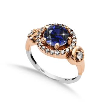 Srebrny pierścionek z szafirem i cyrkoniami