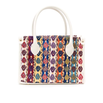 Torebka z gobelinu i ekoskóry - kolorowe pasy i geometryczny wzór