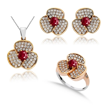 Komplet srebrny z rubinem i cyrkoniami - naszyjnik, kolczyki i pierścionek