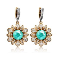 Kolczyki srebrne w kształcie kwiatów z zielonym turmalinem paraiba i cyrkoniami