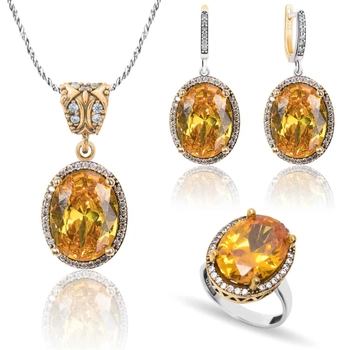 Srebrny komplet z cytrynem - owalny kształt