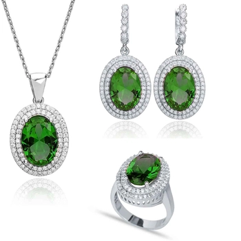 Srebrny komplet ze szmaragdem i cyrkoniami