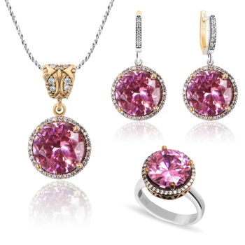 Srebrny okrągły komplet z różowym topazem