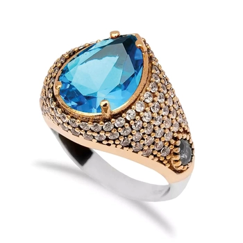 Srebrny pierścionek z błękitnym topazem w stylu ottomańskim