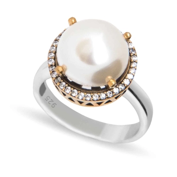 Srebrny pierścionek z perłą i cyrkoniami
